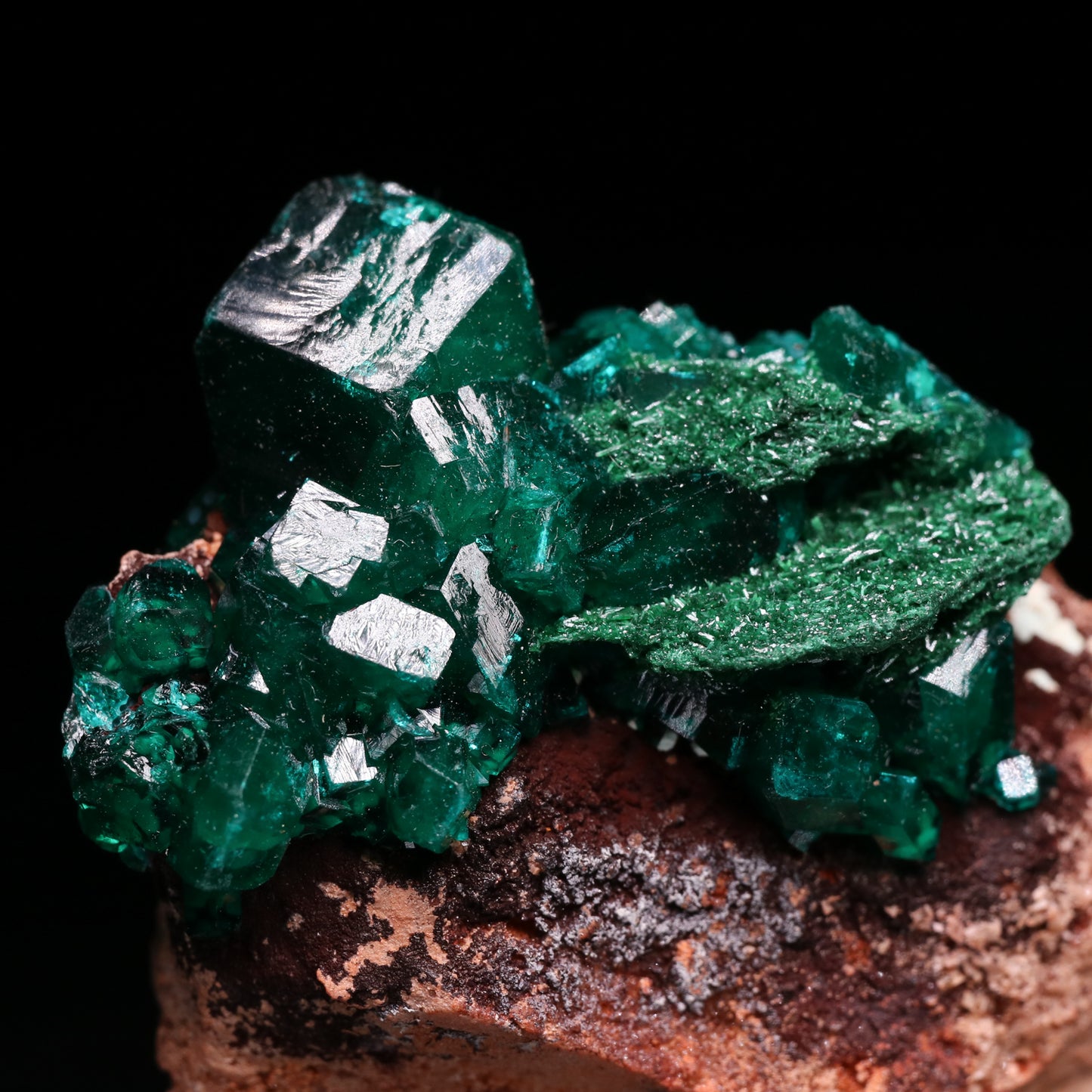 Malachite on Dioptase on Matrix