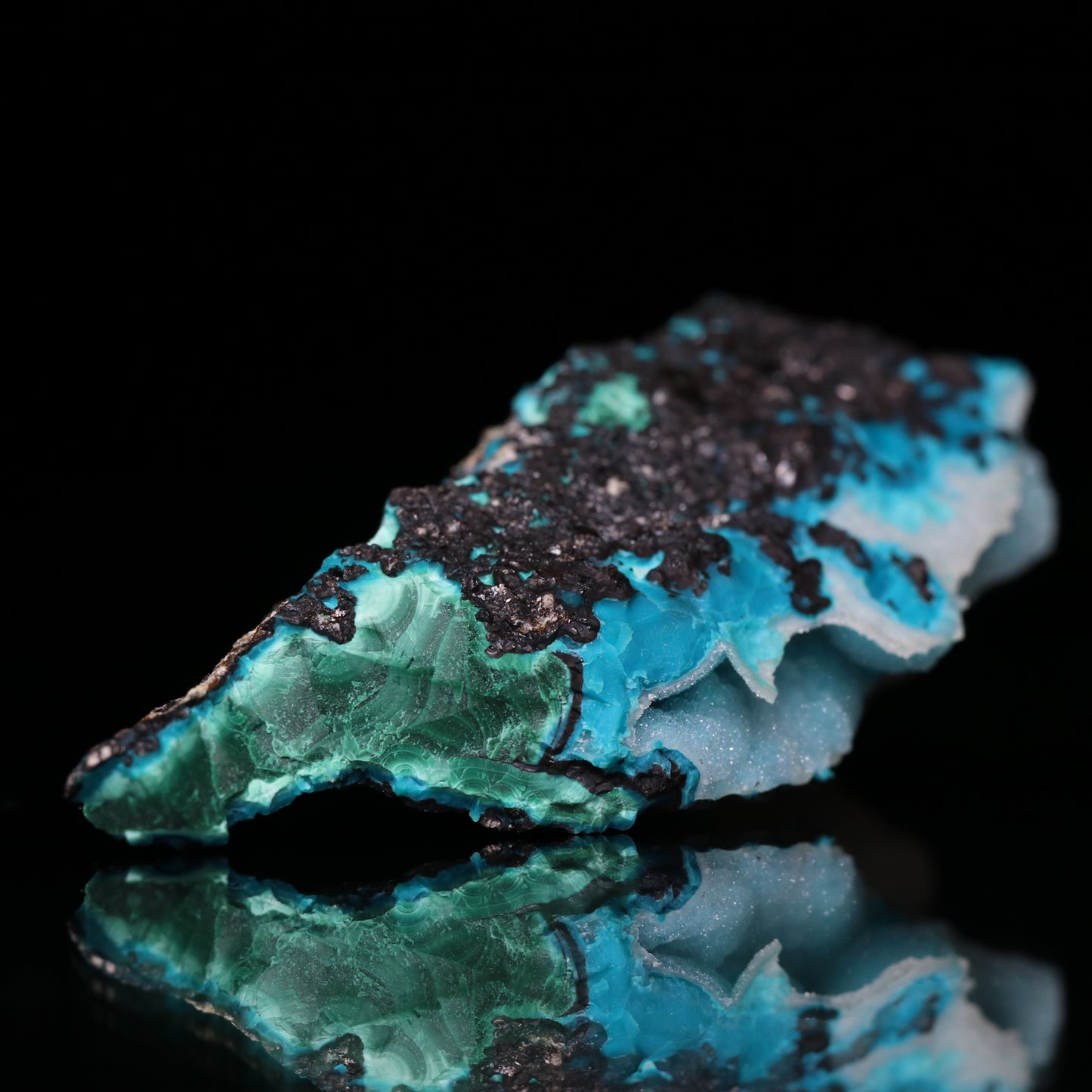 Quartz on Chrysocolla on Malachite