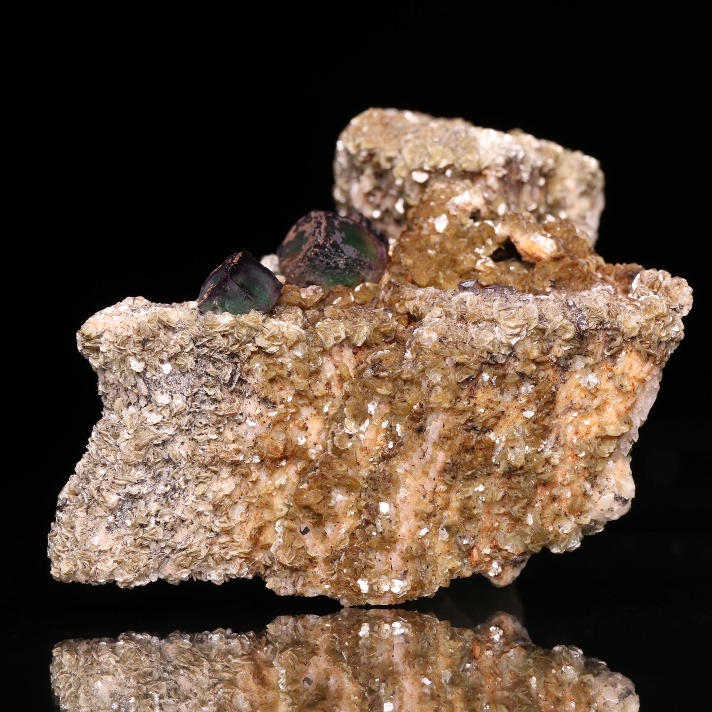 Fluorite, Muscovite on Feldspar