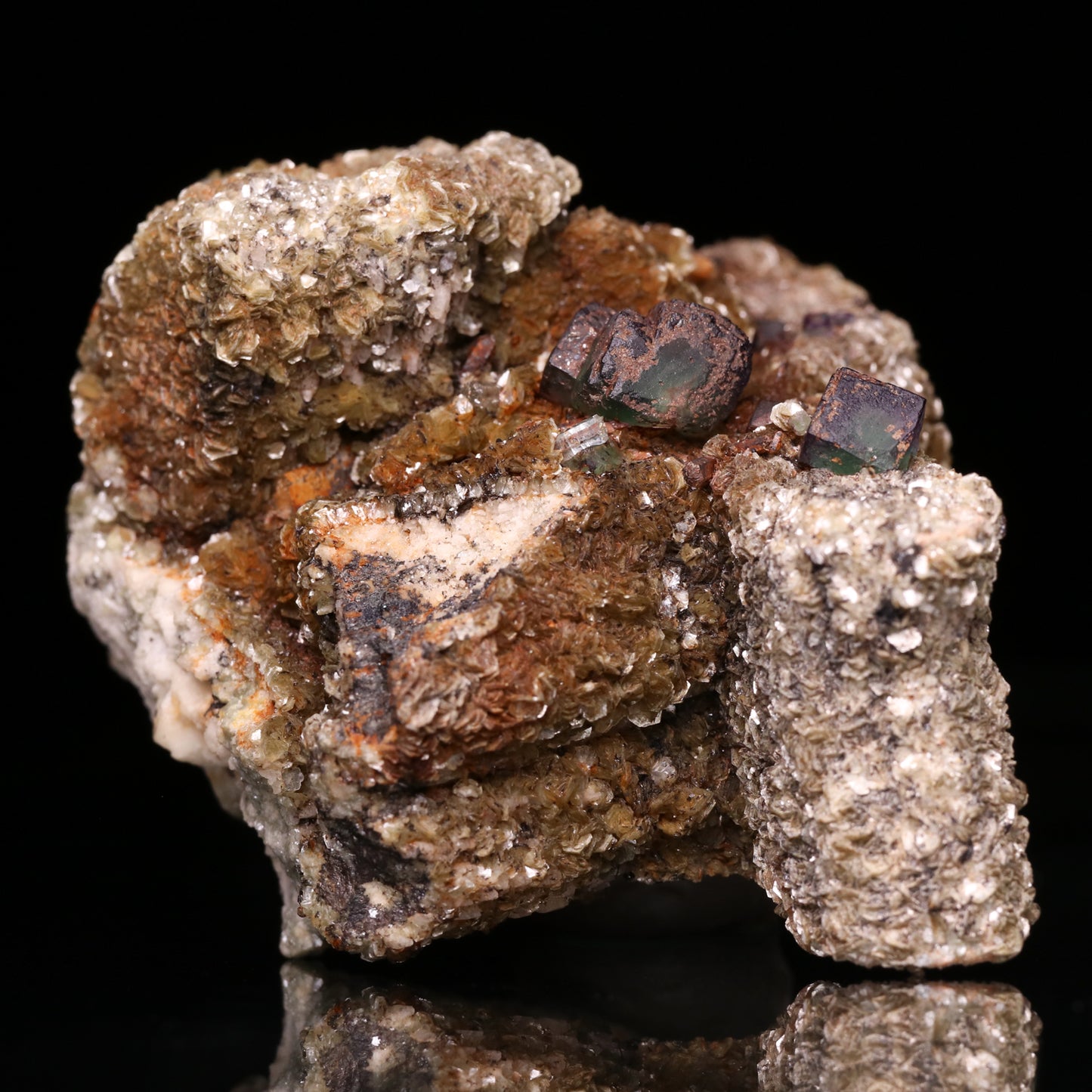 Fluorite, Muscovite on Feldspar