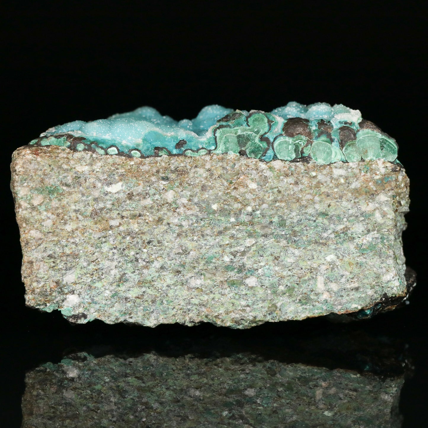 Quartz on Chrysocolla on Malachite