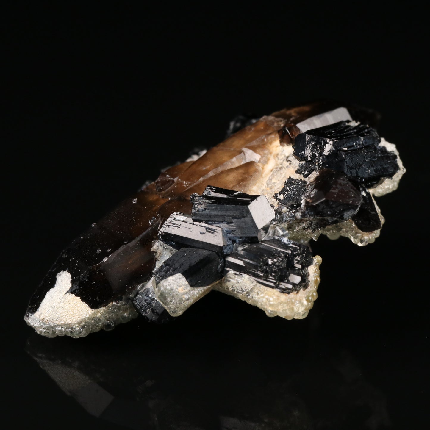Opal-An on Smoky Quartz with Schorl