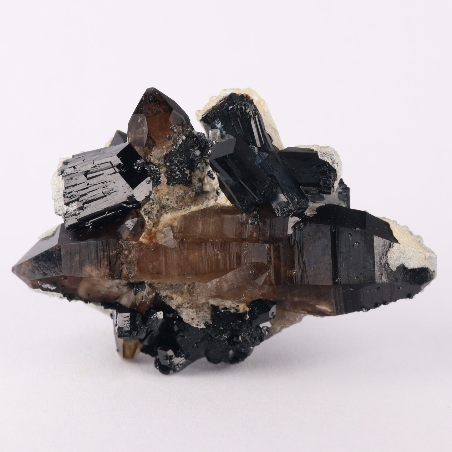 Opal-An on Smoky Quartz with Schorl