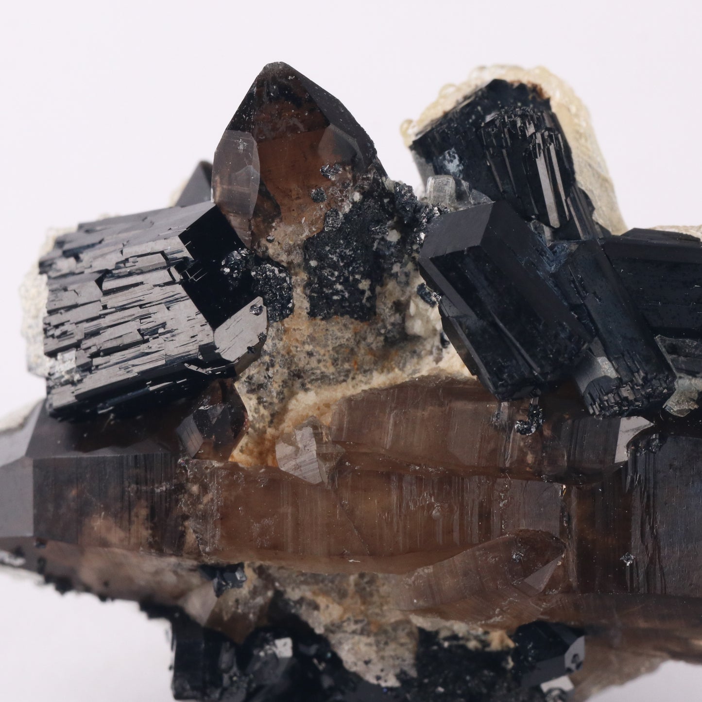 Opal-An on Smoky Quartz with Schorl