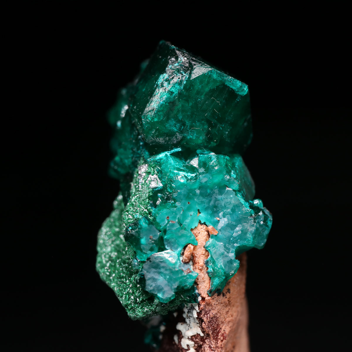 Malachite on Dioptase on Matrix