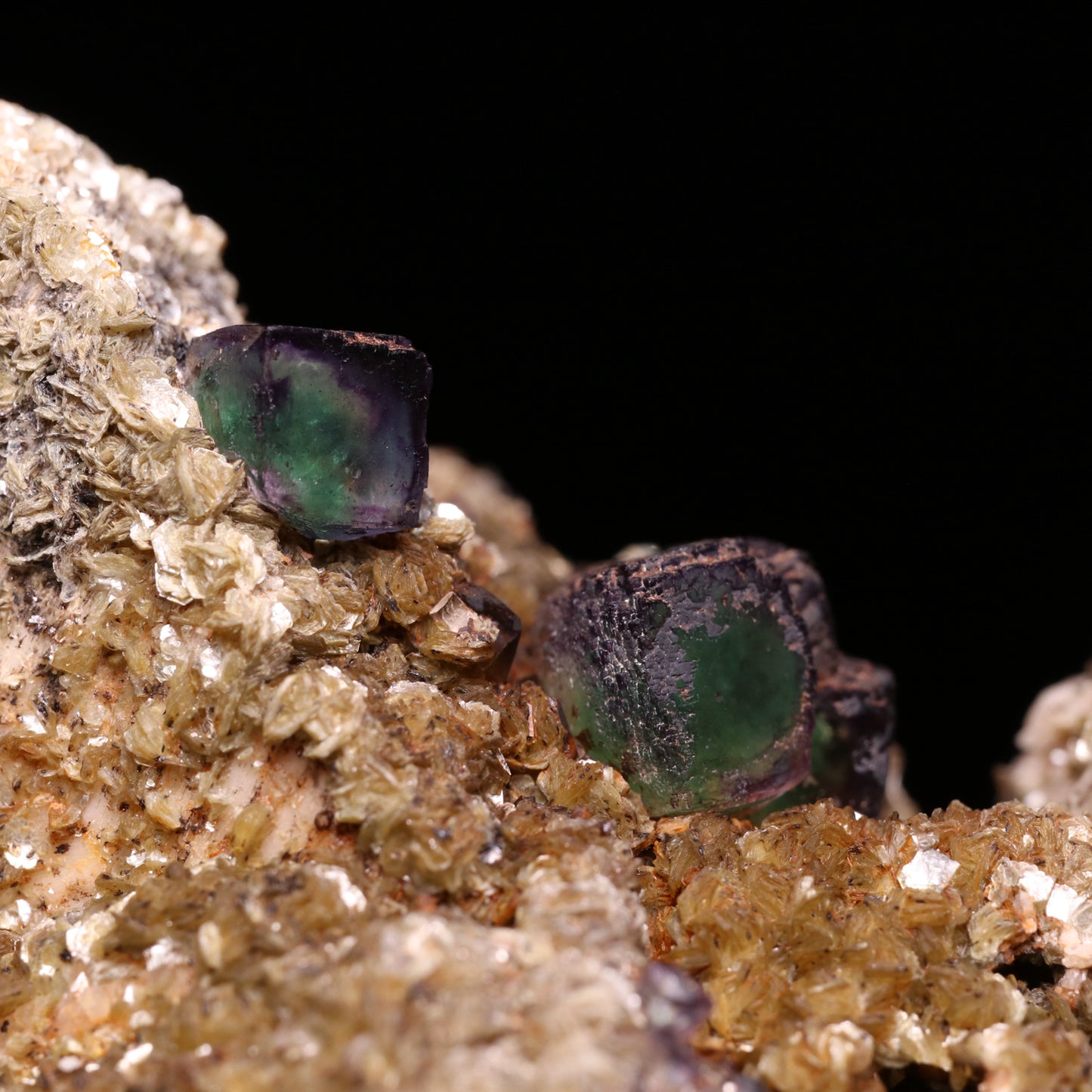 Fluorite, Muscovite on Feldspar, Erongo Mnt Region, Namibia.