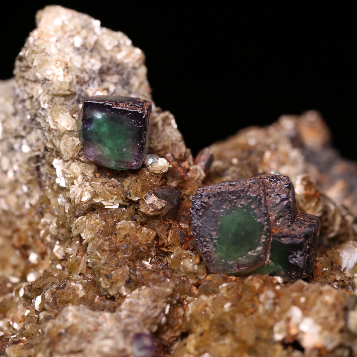 Fluorite, Muscovite on Feldspar, Erongo Mnt Region, Namibia.