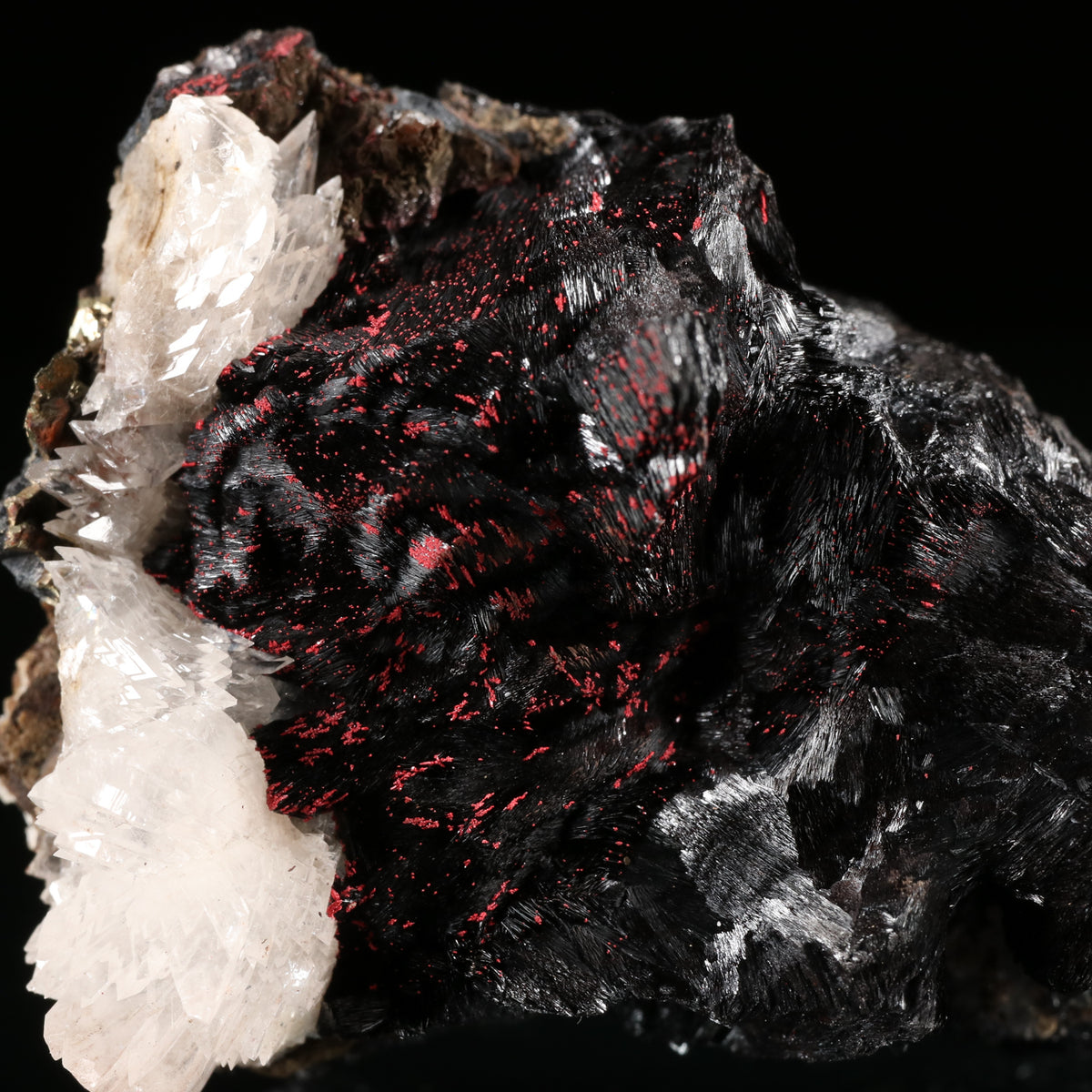 Calcite, Cinnabar on Hausmannite