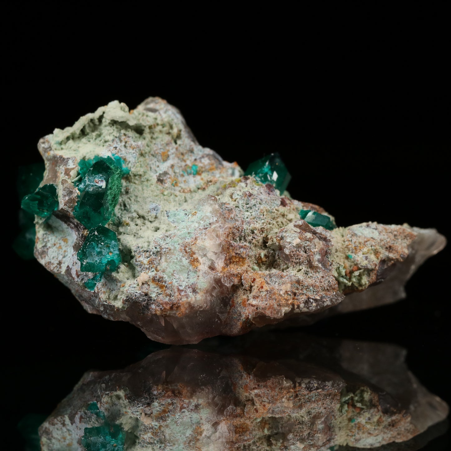 Dioptase, Plancheite on Quartz, Kaokoveld Area, Namibia