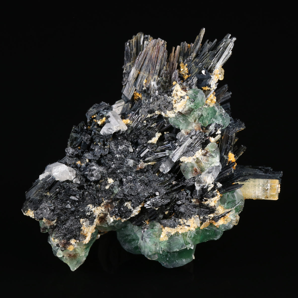 Goshenite & Fluorite on Schorl