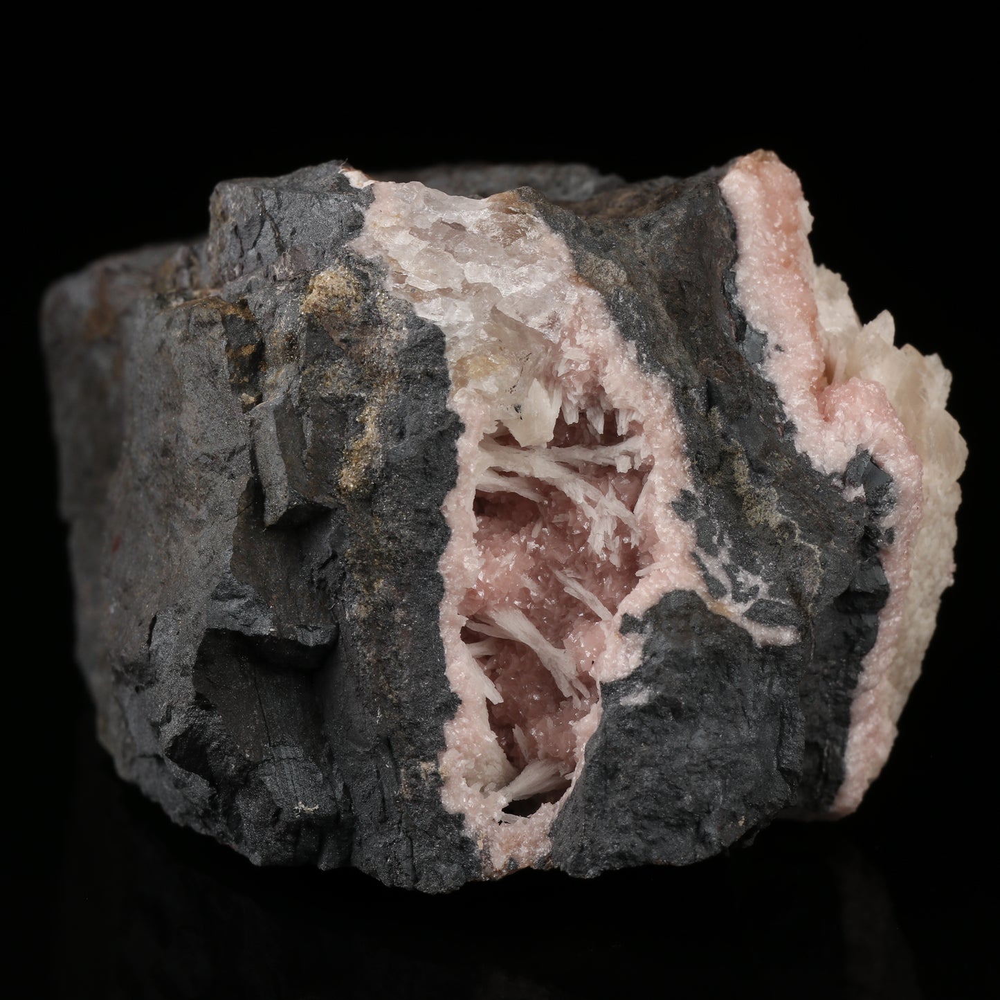 Calcite on Rhodochrosite on Matrix, Wessels Mine, Kalahari Manganese Field, Northern Cape, South Africa