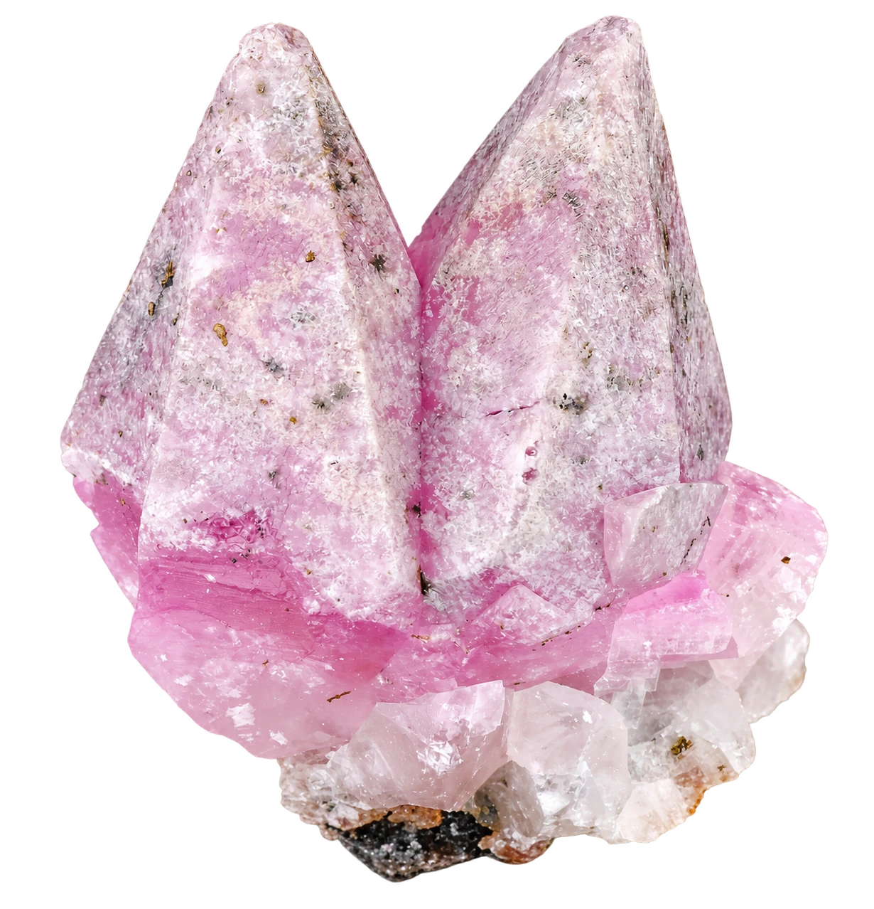 Pink mineral specimen with two prominent crystal points